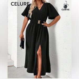 V-Neck  Batwing Dress with Belt and Split